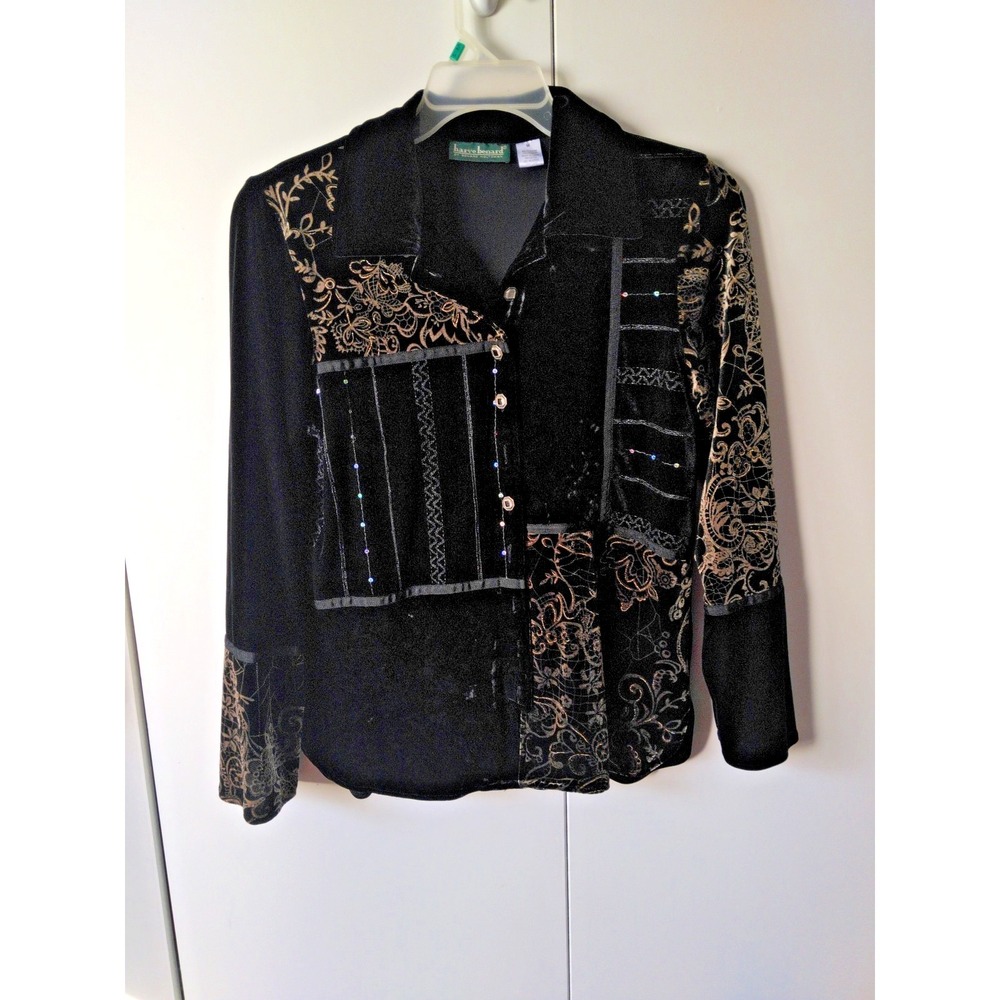 Womens Vintage Velvet  Button Front Top Size M Black  Gold Embellished  Artsy